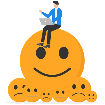 Programmer With Laptop On Happy Icon And Small Sad Icon The Concept Of Optimism Over Pessimism Modern Vector Illustration In Flat Style イラスト