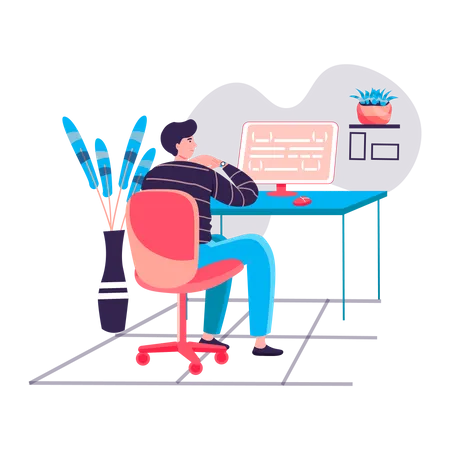 Programmer Working At Office Concept Man Coding Code Creating And Testing Scripts Software And Programs Development Character Scene Vector Illustration In Flat Design With People Activities Illustration