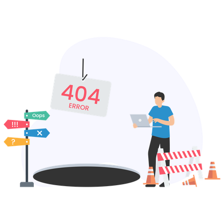 Programmer working on laptop getting 404 error message  Illustration