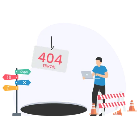 Programmer working on laptop getting 404 error message  Illustration