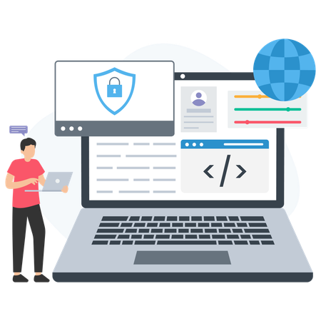 Programmer working on secure software development on laptop  Illustration