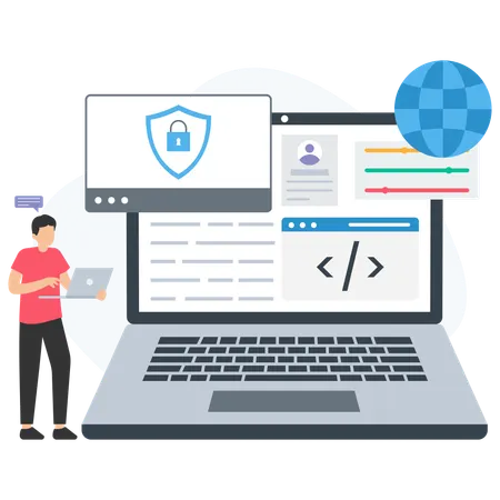 Programmer working on secure software development on laptop  Illustration