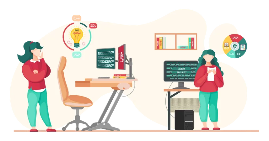 Programmer working on web development and cyber security Illustration