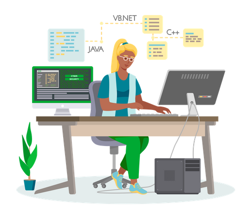 Programmer working on web development on computer Illustration
