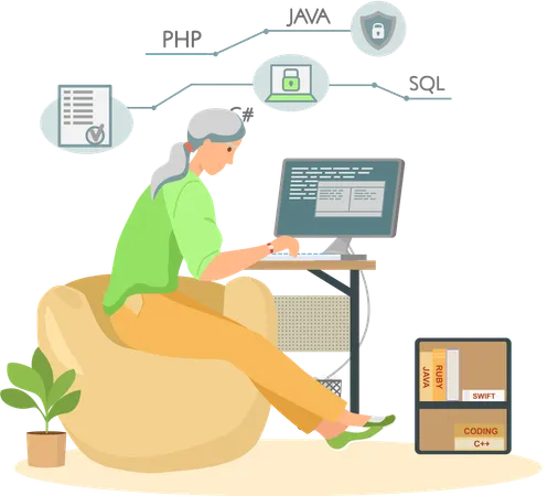 コンピューター上でウェブ開発に携わるプログラマー  イラスト