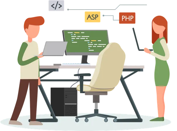 コンピューター上でウェブ開発に携わるプログラマー  イラスト