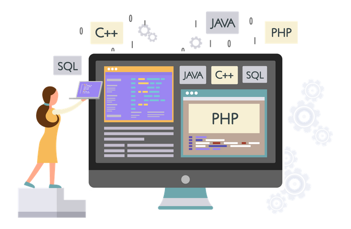 Programmer working on web development on computers Illustration