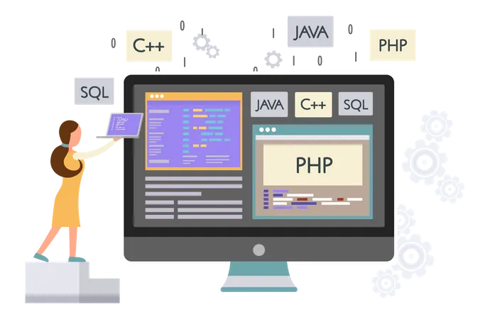 Programmer working on web development on computers  Illustration