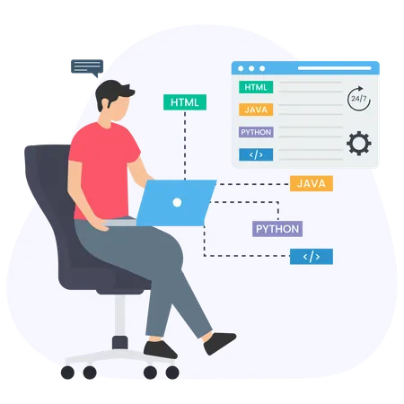 Programmer working with html, java, python and other programming languages  Illustration