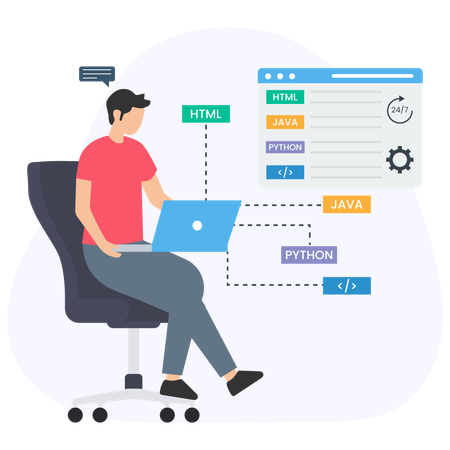 Programmer working with html, java, python and other programming languages Illustration