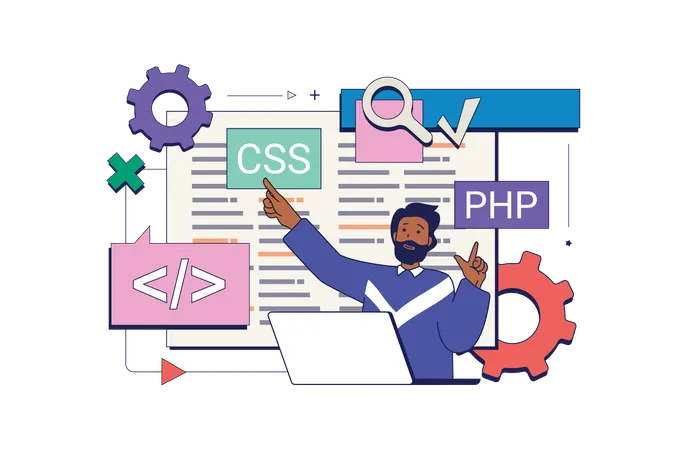 Programming Concept In Flat Neo Brutalism Design For Web Man Coding And Creating Software Engineering Programs And Searching Bugs Vector Illustration For Social Media Banner Marketing Material Illustration