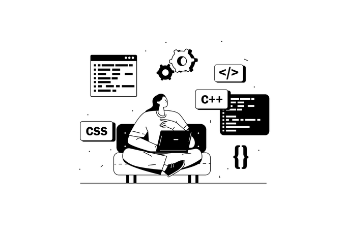 Programmer writes code for application using programming language  Illustration