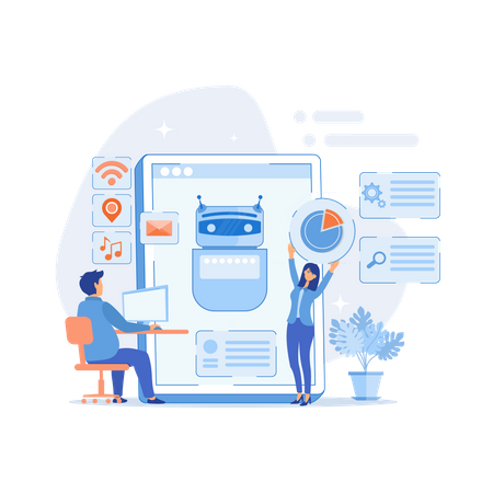 Programmers and chatbot processing natural language Illustration