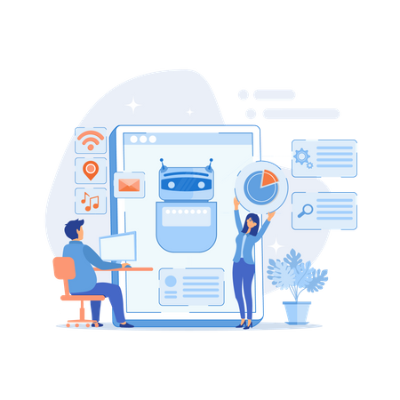 Programmers and chatbot processing natural language  Illustration