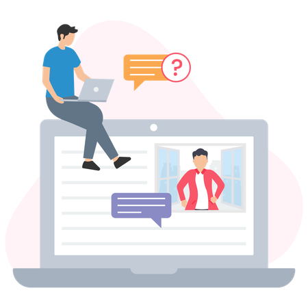 Programmers chatting online and asking questions using laptop computer  Illustration
