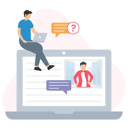 Programmers chatting online and asking questions using laptop computer  Illustration