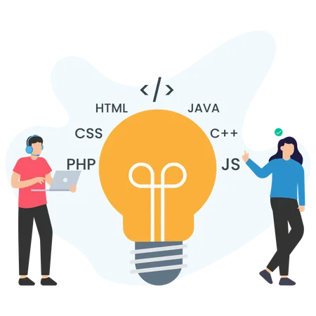 さまざまなプログラミング言語を使用して革新的なソフトウェアソリューションを開発するプログラマー  イラスト
