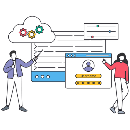 Programmers optimizing software, managing user accounts and cloud computing resources  Illustration