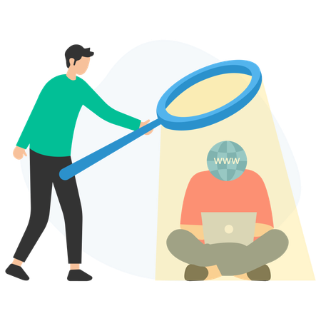 Programmers using magnifying glass searching for bugs in website code  Illustration