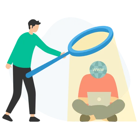 Programmers using magnifying glass searching for bugs in website code  Illustration