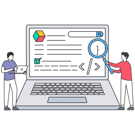 Programmierer arbeiten mit einem Laptop und einer Lupe an der Codeoptimierung und dem Debuggen  Illustration