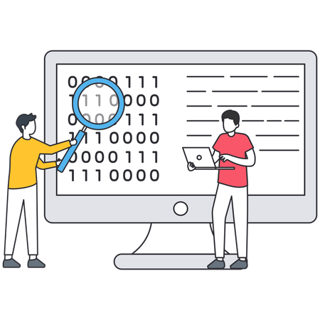 Programmierer beheben Fehler im Softwarecode auf dem Computerbildschirm  Illustration