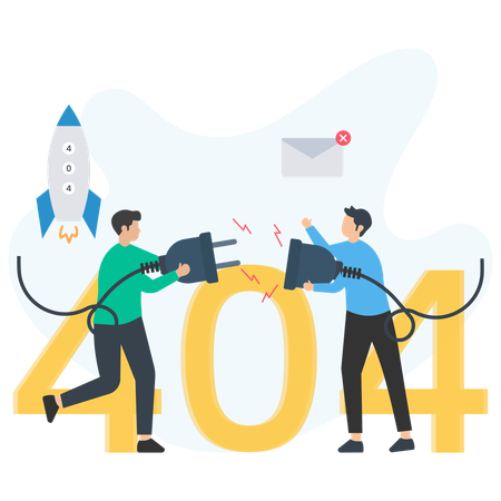 Programmierer versuchen, den Website-Fehler 404 mit Rocket und Mail zu beheben  Illustration