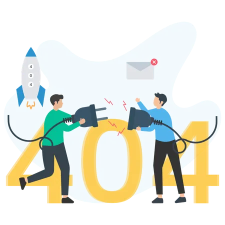 Programmierer versuchen, den Website-Fehler 404 mit Rocket und Mail zu beheben  Illustration