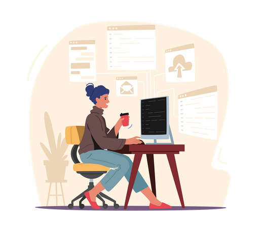 Programming Concept. Woman Programmer Make Site or Web Interface Project. Female Character Website Designer, Developer Illustration