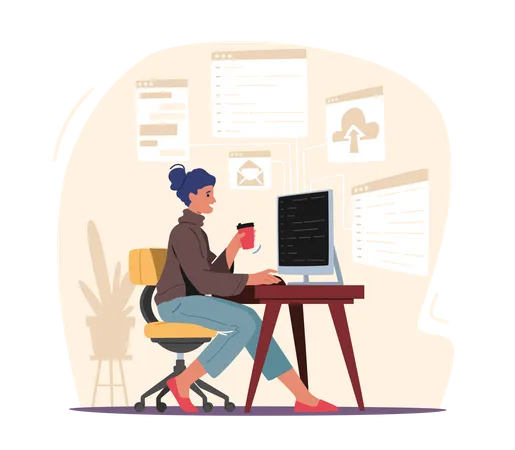 Programming Concept. Woman Programmer Make Site or Web Interface Project. Female Character Website Designer, Developer Illustration