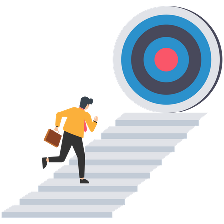 Progress to goal or reaching business target, motivation or challenge to achieve success, career growth or improvement concept, ambitious businessman running on growth arrow path to target bullseye.  Illustration