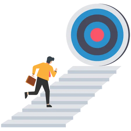 Progress to goal or reaching business target, motivation or challenge to achieve success, career growth or improvement concept, ambitious businessman running on growth arrow path to target bullseye.  Illustration