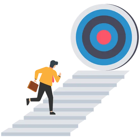 Progress to goal or reaching business target, motivation or challenge to achieve success, career growth or improvement concept, ambitious businessman running on growth arrow path to target bullseye. Illustration
