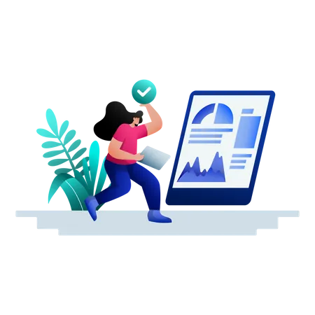 Project Completion Flat Illustration Gradient Blue Finance Management Business Concept Female Character Is Completing A Work Assignment Suitable For Mobile App Web Landing Pages Vectors Illustration