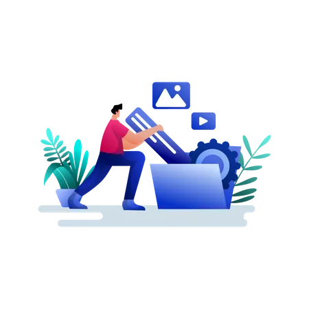 Project Documentation Flat Illustration Gradient Blue Finance Management Business Concept The Male Character Is Creating A Work File Suitable For Mobile App Web Landing Pages Vectors イラスト