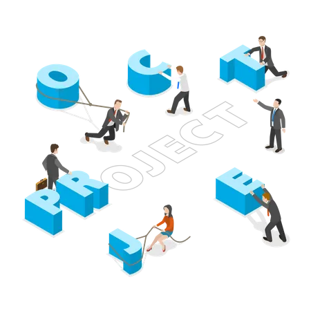 Project Flat Isometric Vector Concept Group Of People Are Moving Big Letters To Their Places To Comlose The Word PROJECT Illustration