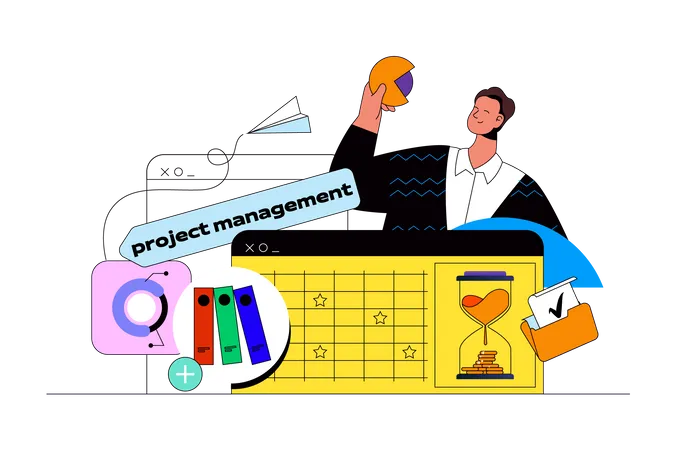 Project Management Web Concept With Character Scene Manager Schedules Tasks And Deadlines Brainstorms And Using Calendar People Situation In Flat Design Vector Illustration For Marketing Material Illustration