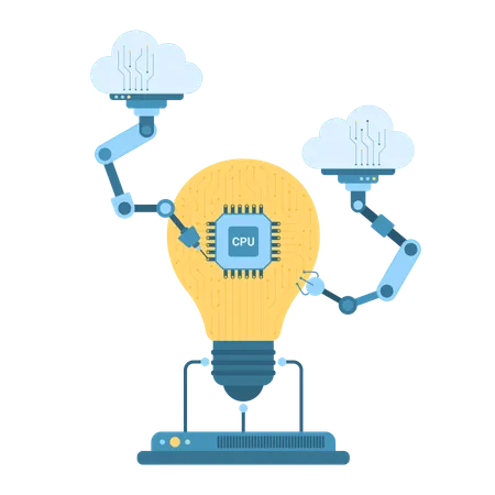 Project Planning Analytics And Idea Innovation Process By AI Vector Illustration Cartoon Isolated Automatic Robot Arms With Clouds Programming Data Digital Software And Circuit Inside Light Bulb Illustration