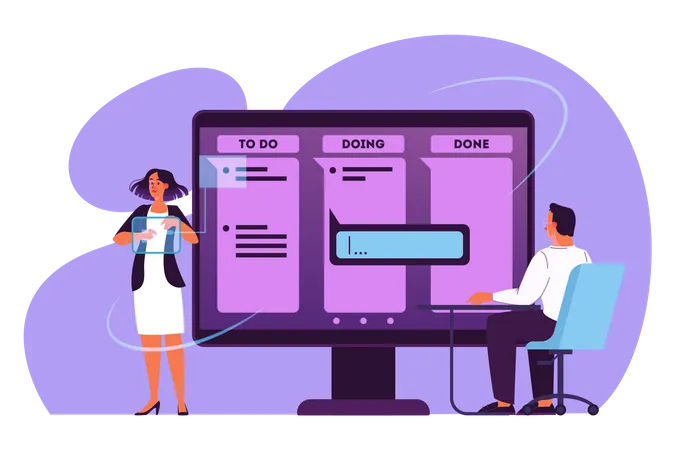 Vector Illustration Of People Plan Their Schedule Priority Task And Checking An Agenda Woman And Man Working On Big Creen An Idea Of Kanban Board Time Management Illustration
