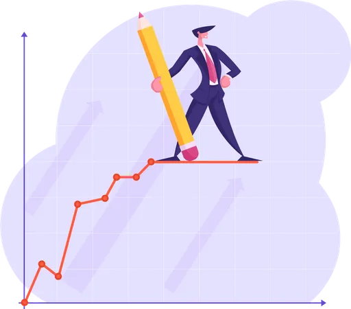 Businessman Character With Huge Pencil In Hand Stand On Top Of Growing Business Chart Curve Line On Coordinate System Project Presentation Financial Statistics Graph Cartoon Flat Vector Illustration Illustration