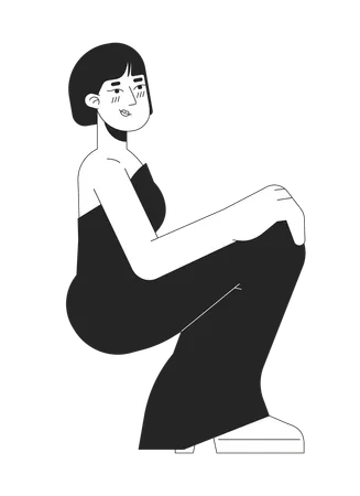 Prom Formal Dress Asian Woman Black And White 2 D Line Cartoon Character Shy Sitting Korean Adult Female Isolated Vector Outline Person High School Party Monochromatic Flat Spot Illustration Illustration