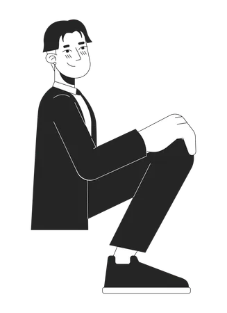 Prom Formal Wear Korean Young Man Black And White 2 D Line Cartoon Character Shy Sitting Asian Male Isolated Vector Outline Person High School Graduation Party Monochromatic Flat Spot Illustration Illustration