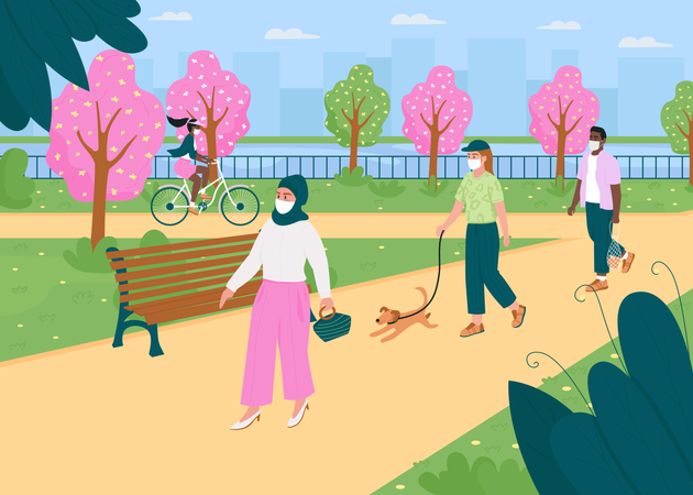 Promenade dans le parc du printemps pendant la quarantaine  Illustration