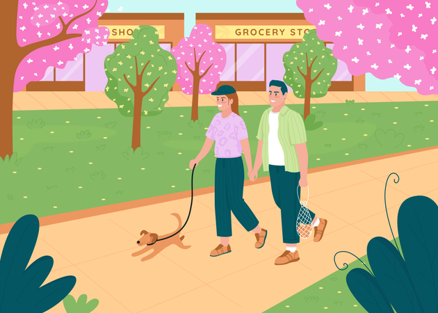 Promenade en couple au printemps  Illustration