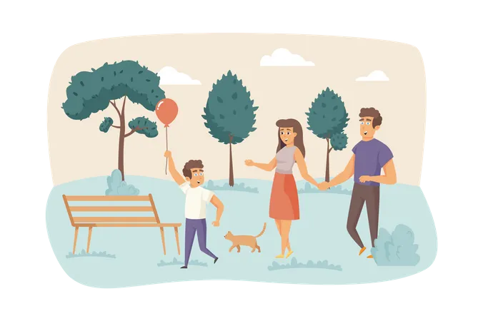 Famille marchant ensemble au parc  Illustration