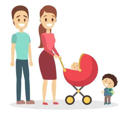 Famille marchant avec enfant et poussette bébé  Illustration