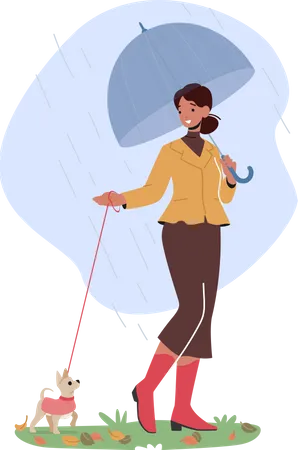 Promenade féminine avec un chien sous la pluie  Illustration