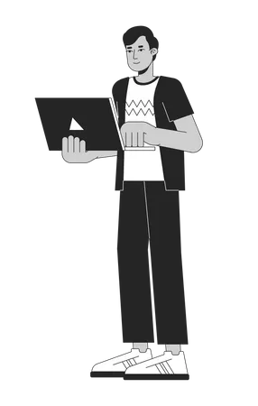 Promising Young Man Holding Laptop Flat Line Black White Vector Character Editable Outline Full Body Hardworking Person Simple Cartoon Isolated Spot Illustration For Web Graphic Design Illustration