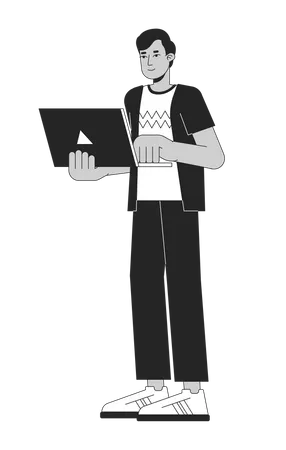 Promising young man holding laptop  Illustration