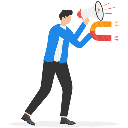 Promote New Business Attract More Customers Marketing And Advertising To Target Audience Campaign Announcement Concept Businessman Shouting On Megaphone While Holding Magnet To Attract Customers Illustration